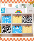 Three Pack Cartoon Canvas Storage Baskets with Leather Handles Waterproof Collapsible Organizer Bins for Closet and Bedroom 16x11x8 Black Yellow Blue