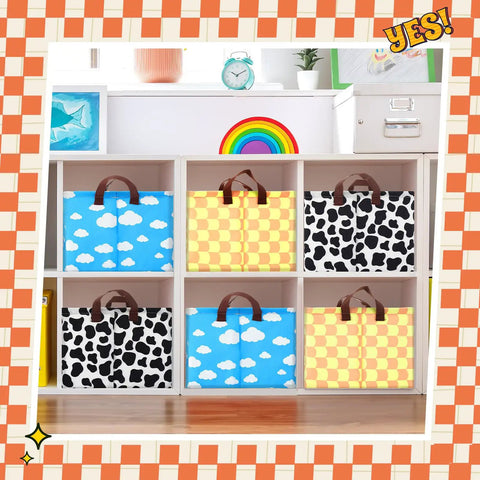 Three Pack Cartoon Canvas Storage Baskets with Leather Handles Waterproof Collapsible Organizer Bins for Closet and Bedroom 16x11x8 Black Yellow Blue