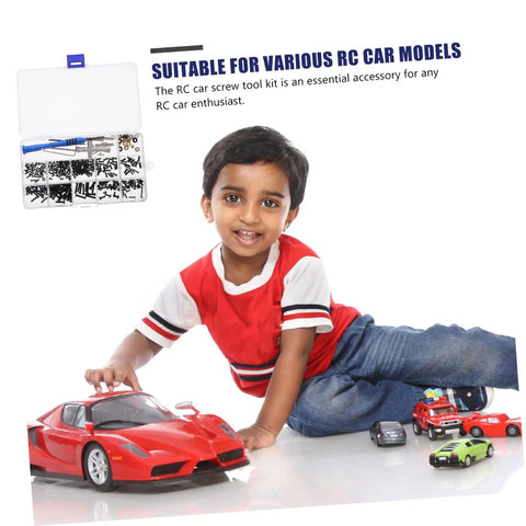 Child playing with RC cars next to Rc Car Screw Kit And Hardware Set For Models With A Full Range Of Nuts Bolts Screws And Tools Durable Iron Construction For Long Lasting Use Best For Quick Repairs And Easy Maintenance Of Your Rc Rides.