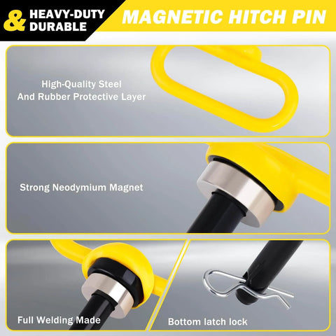 Magnetic Hitch Pin For Mowers And Trailers, Beefy Built 1500 Pounds Neodymium Magnet, One Half Inch Shaft, Yellow Gate Pin