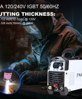 Technician using 65 Amp Non Touch Pilot Arc Plasma Cutter for Home Shop Use 120 and 240V Dual Voltage With Digital Display High Frequency IGBT Inverter Post Air 2T 4T Modes and Five Eighth Inch Clean Cut Capability.