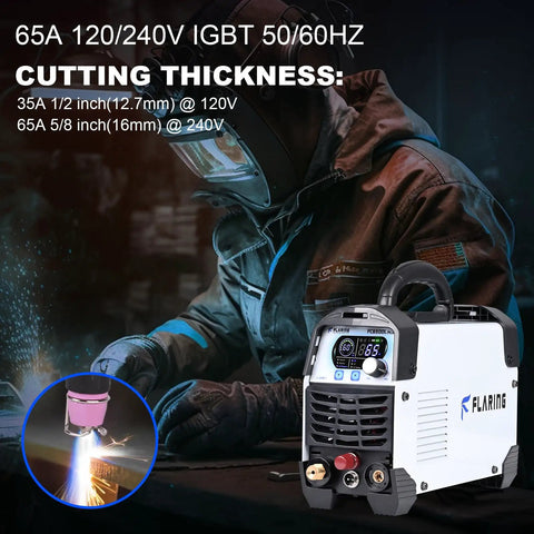 Technician using 65 Amp Non Touch Pilot Arc Plasma Cutter for Home Shop Use 120 and 240V Dual Voltage With Digital Display High Frequency IGBT Inverter Post Air 2T 4T Modes and Five Eighth Inch Clean Cut Capability.