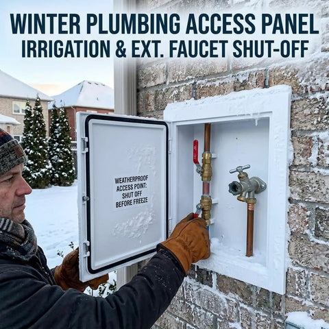 Solid As A Rock Heavy Duty Drywall Access Panel Cover Plate For Walls And Ceilings Featuring A Straightforward Quick Install Design 30X40 Inch shown in winter use for plumbing access.