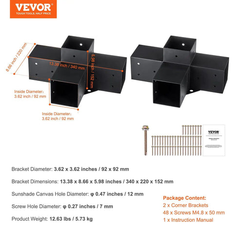 Four Way 4x4 Pergola Brackets Heavy Duty Tough As Nails Corner Brackets with screws and instruction manual