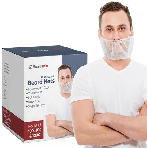 Person wearing Disposable Beard Nets For Men 1000 Pack Full Coverage Breathable Beard Guards For Food Service Cooking Cleaning Construction And More White 18 Inch No Fuss Premium Fit with product box.