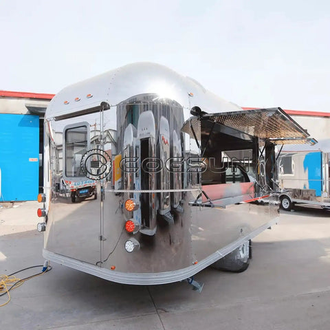Fully Equipped Compact Concession Food Trailer Mobile Kitchen For Street Vending Hot Dog Coffee Cart with opened serving hatch.