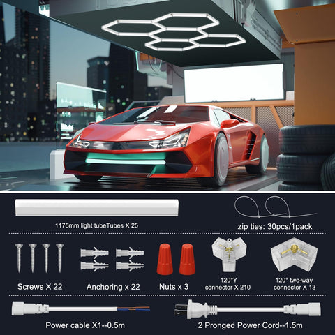 Hexagon Garage Lights LED 25 Pack 220W 26400LM 6500K Daylight White Ceiling Lighting installed in a garage with red car
