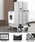 Heavy Duty 2200 Pound Capacity Foldable Push Cart Dolly transporting a washing machine and fridge in a modern interior space.