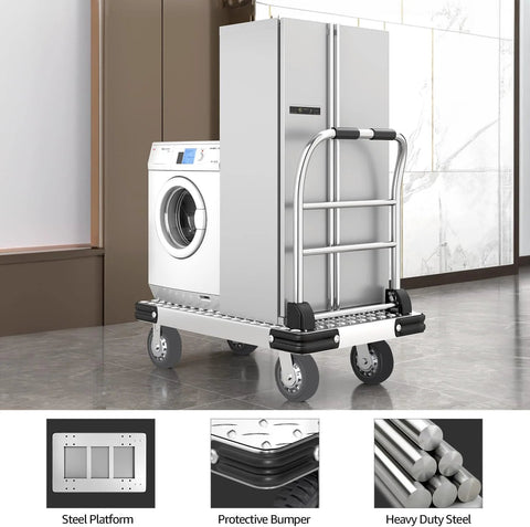 Heavy Duty 2200 Pound Capacity Foldable Push Cart Dolly transporting a washing machine and fridge in a modern interior space.