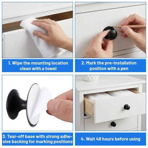 Installation steps for 6 Pack Black Self Adhesive Cabinet Knobs No Drill Stick On Hardware Handles with stainless steel finish.