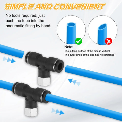 Push To Connect Branch Tee Air Fitting For Three Eighths Inch Tube OD And NPT One Eighth Inch Thread Heavy Duty Pneumatic Brass And PBT