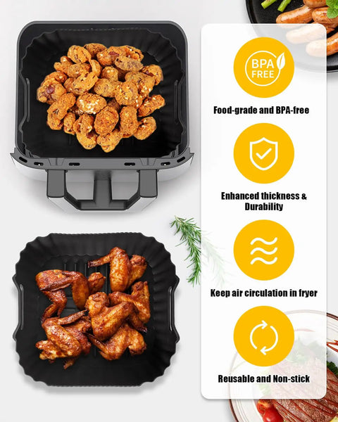 Two square silicone liners with chicken wings and nuggets, part of Three Piece Square Silicone Air Fryer Liners Set For 5 To 8 Quart Models Compatible With AF141 AF181 Grills AG301 EG201 Reusable Pot Inserts For Air Fryers Grills Ovens And Microwaves No Mess Easy Clean.
