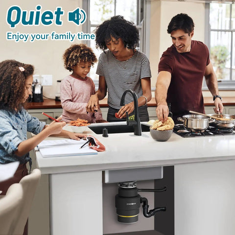 Family in kitchen using 3/4 HP Continuous Feed Garbage Disposal with Whisper Quiet Operation, Stainless Steel 4-Stage Grinding.