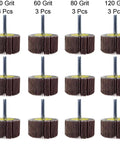 Flap Wheels Set Of Twelve, Two Inch By One Inch By Quarter Inch, Aluminum Oxide, Pro Grade For Rust Removal And Weld Burrs, Three Of Each Grit Forty Sixty Eighty One Twenty, Quarter Inch Shank Fits All Drills