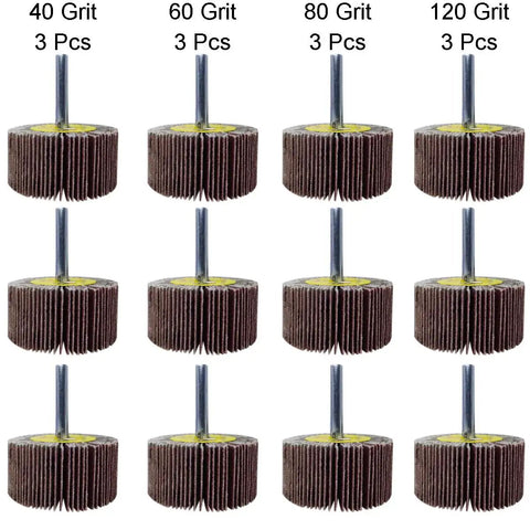 Flap Wheels Set Of Twelve, Two Inch By One Inch By Quarter Inch, Aluminum Oxide, Pro Grade For Rust Removal And Weld Burrs, Three Of Each Grit Forty Sixty Eighty One Twenty, Quarter Inch Shank Fits All Drills