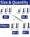 Size and quantity chart for Tiny Micro Repair Screws Set In Black Carbon Steel Phillips Pan Head M1 To M1.7 For Eyeglasses.