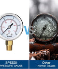 Front view of BPSSDI low-pressure gauge, 2.5-inch dial, 0-15 psi, 1/4 in NPT lower mount, stainless steel case