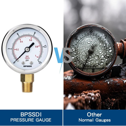 Front view of BPSSDI low-pressure gauge, 2.5-inch dial, 0-15 psi, 1/4 in NPT lower mount, stainless steel case