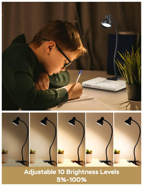 Child using Clip-On Reading Light With Eye Care, 3 Color Modes And 10 Dimmable Levels, Flexible Gooseneck Desk Lamp, nighttime study setting