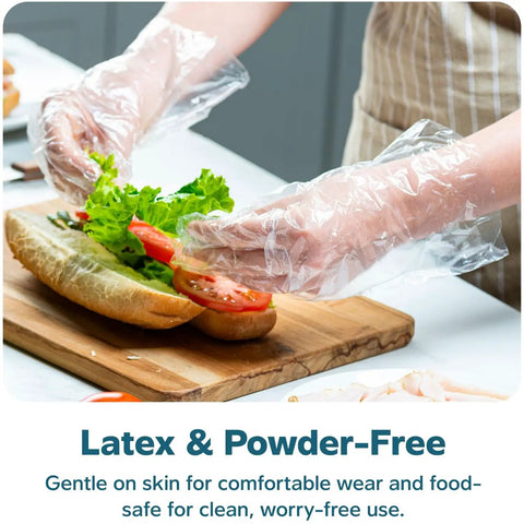 Person wearing Disposable Poly Gloves For Food Prep And Service, Clear, Latex Free, Powder Free, handling sandwich in kitchen