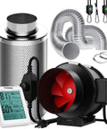 Six Inch Inline Fan Kit With Speed Controller And Carbon Filter For Grow Tent Ventilation, 390 CFM, 8 Ft Ducting, Temperature Humidity Monitor Included, All In One Pro Grade Setup For Efficient Cooling showing fan, ducting, and monitor.