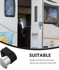 RV Push Button Latch Lock For Drawer And Door, Zinc Alloy Build, displayed next to an RV door, highlighting suitability for cabinets.
