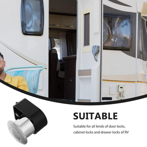RV Push Button Latch Lock For Drawer And Door, Zinc Alloy Build, displayed next to an RV door, highlighting suitability for cabinets.