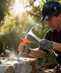 Person using the Geology Rock Hammer Kit 25 Piece Set With Pro Grade Chisels in outdoor rock exploration.