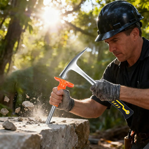 Person using the Geology Rock Hammer Kit 25 Piece Set With Pro Grade Chisels in outdoor rock exploration.