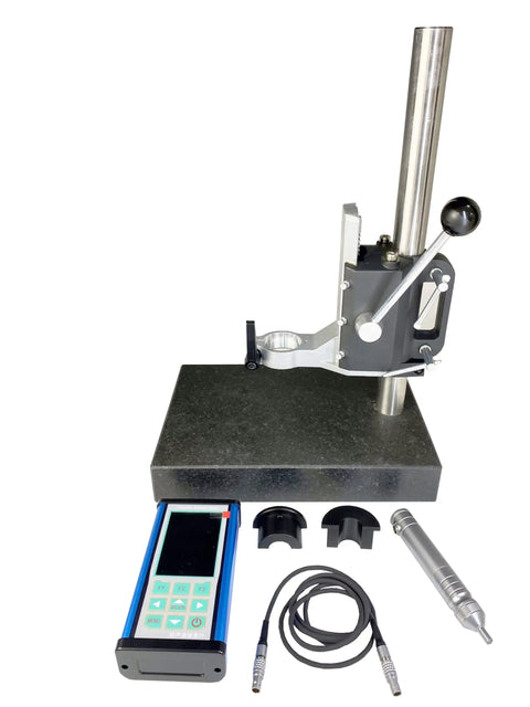 Portable Ultrasonic Hardness Tester With Sturdy Test Stand And Fine Probe 1kgf Load on a granite base with accessories.