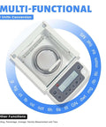 Hyper Accurate 0.0001g Analytical Balance With LCD Display 18 Units USB RS232 Interface For Schools And Labs Wind Shield Glass Cover Provides Stable Measurements Up To 0.26lb showing top view with digital display