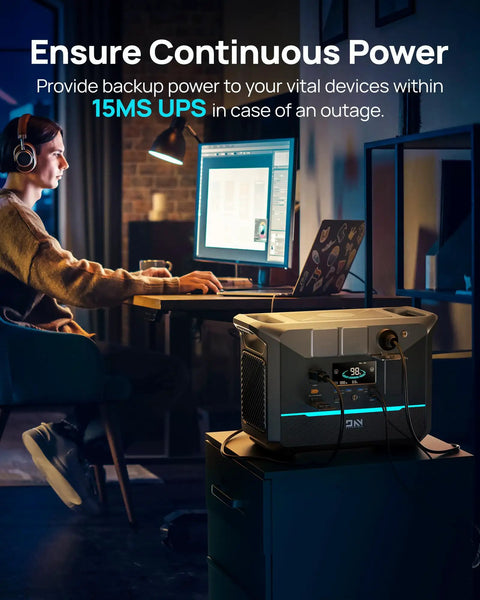 Person using Go To 1800W Portable Solar Generator with 1382Wh LiFePO4 Battery, 3000W Surge, Fast 1.3 Hour Charging, 15ms UPS indoors