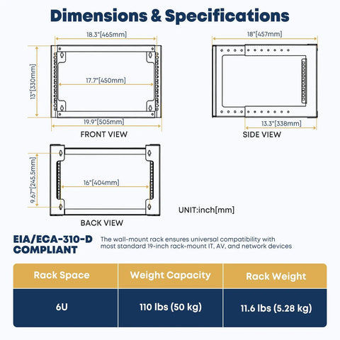 Dimensions & specifications of 6U Wall Mount Open Frame Rack 13.3 To 18 Inch Adjustable Depth Black cabinet for tech gear.