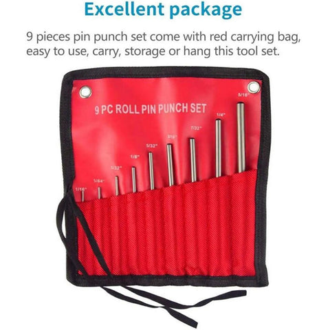 Kengbi 9Pc Steel Punch Set With Grip Handles, Multi Size Round Head Roll Pins And Starter Tools For Mechanics Plus Chisels To Repair Engines Or Cars Like Pro. red roll pin punch set with 9 steel punches in carrying bag, 1/16 to 5/16