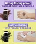 Dark Brown Hair Powder Root Touch Up Stick For Fast Gray Coverage being applied to a hand, demonstrating coverage and easy cleansing.