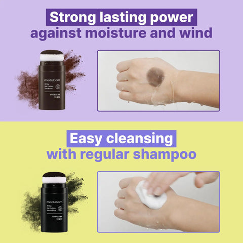 Dark Brown Hair Powder Root Touch Up Stick For Fast Gray Coverage being applied to a hand, demonstrating coverage and easy cleansing.