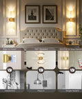 Battery Operated Wall Sconces Set Of 2 In Gold installed in a bedroom, showcasing wireless LED lights with remote control and dimming features
