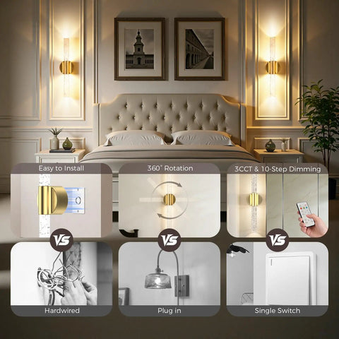 Battery Operated Wall Sconces Set Of 2 In Gold installed in a bedroom, showcasing wireless LED lights with remote control and dimming features