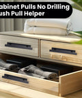 30 Pcs Self-Stick Cabinet Drawer Handles Pulls Black Peel And Stick Plastic Adhesive Door Handles installed on wooden drawers