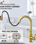Top Shelf Brushed Gold Kitchen Faucet With Drip Free Pull Down Sprayer And Included Deck Plate Heavy Duty Solid Brass Valve Low Lead Stainless Steel Build with 14" nylon hose.