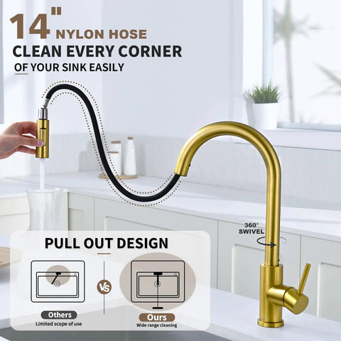 Top Shelf Brushed Gold Kitchen Faucet With Drip Free Pull Down Sprayer And Included Deck Plate Heavy Duty Solid Brass Valve Low Lead Stainless Steel Build with 14" nylon hose.