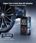Cordless Tire Inflator With Digital Gauge, showing operation next to car tire, displaying 300 PSI, 12V plug visible.