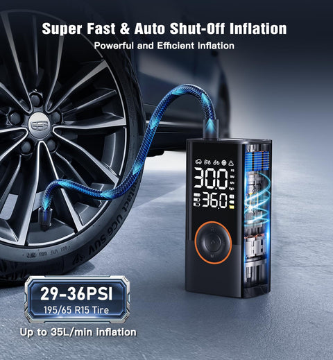 Cordless Tire Inflator With Digital Gauge, showing operation next to car tire, displaying 300 PSI, 12V plug visible.
