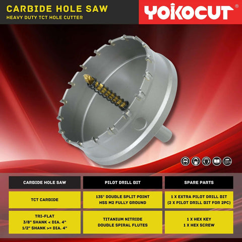 Front view of 3-inch carbide hole saw with pilot drill bit and central spring, YOKOCUT metal cutting tool