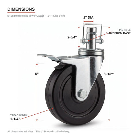 Heavy Hitter 5 Inch Scaffold Caster Wheel With 1 Inch Round Stem Toggle Pin dimensions including tread width and height.