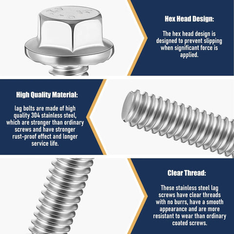 Top Pick 50 Pcs Of 1/4-20 X 1-1/4 Inch Stainless Steel Flanged Hex Bolts, Premium Grade 304 Heavy Duty Screws showcasing hex head design and clear threads.