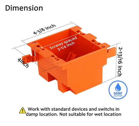 10 Pack Single Gang Electrical Outlet Box for Old Work 14 Cu In Junction Box with Built In Cable Clamps, dimensions labeled