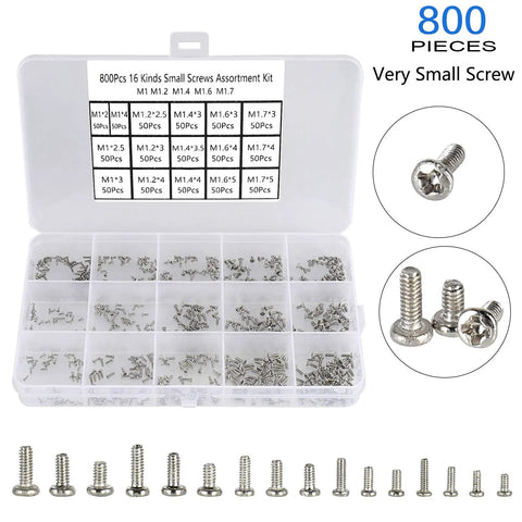 Ultra Tiny M1 Micro Screws Kit For Electronics Repair And Diy 800 Pieces Includes M1x2mm M1x2.5mm M1x3mm M1x4mm M1.2x2.5mm And More Phillips Pan Head Mini Screws In Nickel Plated Carbon Steel With 16 Styles In Plastic Box displayed open with screws visible