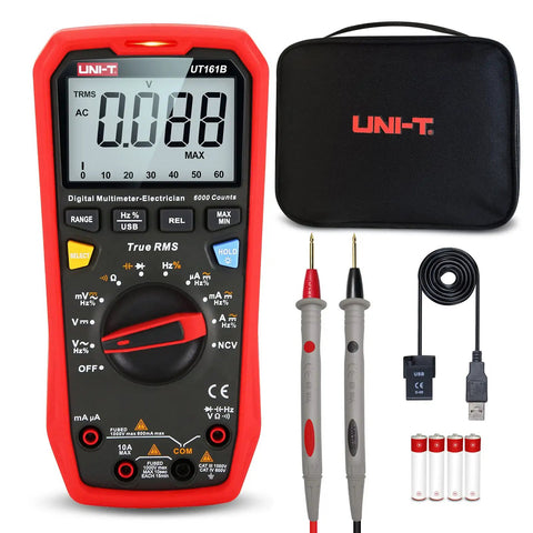 UT161B True RMS Digital Multimeter Workhorse With 6000 Counts And 1000V AC DC NCV with accessories, including case and leads
