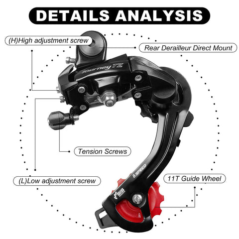 RD-TZ500 6/7 Speed Rear Derailleur Direct Mount for Mountain and Road Bikes with 11T Guide Pulley and labeled components
